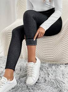 SHEIN LUNE Solid Thermal Leggings - Black - View 3