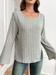 SHEIN EZwear 修身款針織女士t恤 - 杏色 - 查看 1