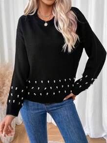 EMERY ROSE Women's Faux Pearl Decor Round Neck Knit Pullover Fall Winter Sweater - Black - View 4