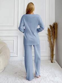 RueChic Letter Printed Ribbed Knit Lounge Wear Set - Baby Blue - View 2