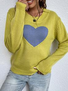 SHEIN Essnce 愛心圖案落肩袖套頭毛衣 - 綠色 - 查看 6