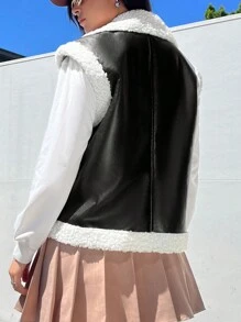 SHEIN EZwear Lông Không tay Dây kéo Áo khoác Với Bộ đồ Vòng cổ - màu đen - Xem 2