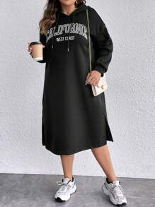SHEIN LUNE Plus Letter Graphic Drop Shoulder Drawstring Hooded Sweatshirt Dress Graduation,Back To School Outfits,Graduation,Teacher Outfits For Women,Back To School Pullover Fall Outfit - Black - View 3