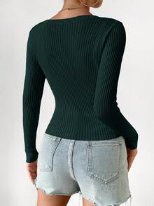SHEIN Frenchy Ribbed Knit Button Front Cardigan - Dark Green - View 2