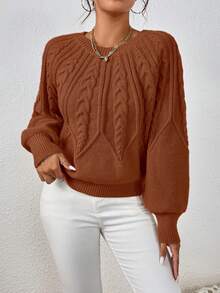 SHEIN Essnce Cable Knit Lantern Sleeve Sweater - Mocha Brown - View 5