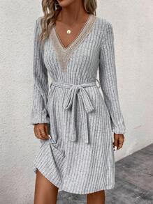 SHEIN Clasi Contrast Lace Lantern Sleeve Belted Dress - Grey - View 5