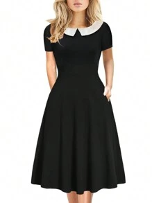 Halloween Wednesday Adams black dress Cosplay Costumes Black A-line Dress short Sleeves - Black - View 1
