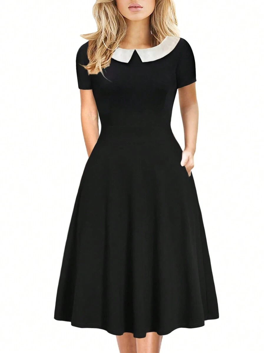 Halloween Wednesday Adams black dress Cosplay Costumes Black A-line Dress short Sleeves - Black - View 1
