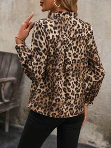 EMERY ROSE Leopard Print V Neck Lantern Sleeve Blouse,Long Sleeve Tops