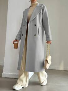 EURMUSE Ladies' Solid Color Double-breasted Notched Collar Woolen Coat - Grey - View 1