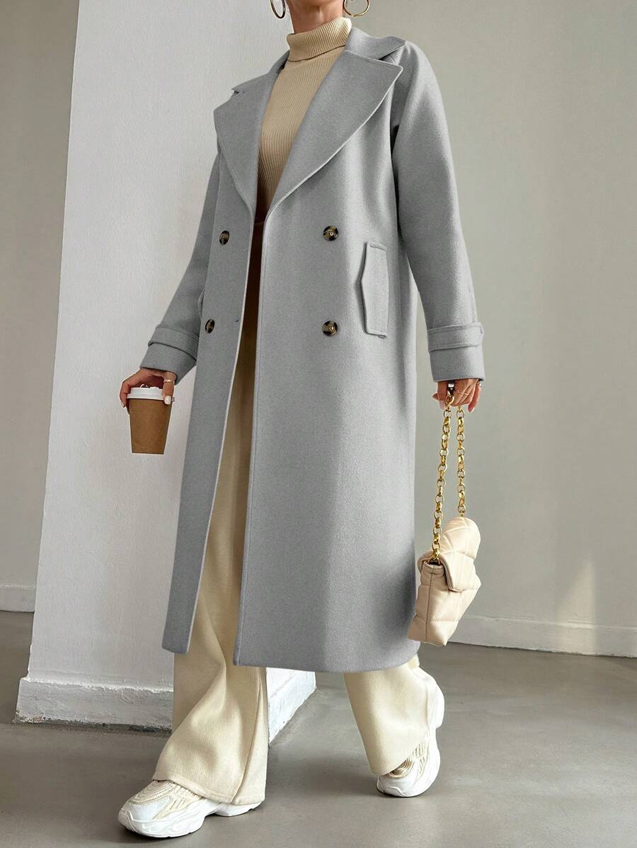 EURMUSE Ladies' Solid Color Double-breasted Notched Collar Woolen Coat - Grey - View 1