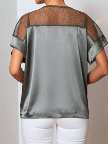EURMUSE Contrast Lace Batwing Sleeve Blouse - Green - View 2