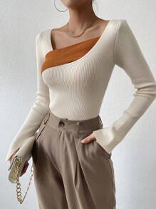 Chiquease Two Tone Asymmetrical Neck Ribbed Knit Sweater,Long Sleeve Tops Knit Pullover Fall Winter Sweater - Apricot - View 1