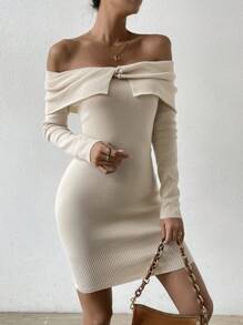 Zolique Vestido de punto ajustado doblado de hombros descubiertos - Albaricoque - Ver 4