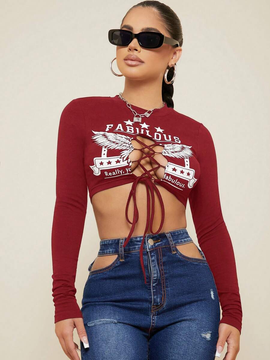 SHEIN SXY Đồ họa Chữ cái Lace lên phía trước Áo phông Crop - Đỏ - Xem 1