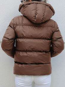 EURMUSE Zip Up Hooded Puffer Coat - Camel - View 2