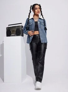 SHEIN EZwear 拼布抓絨領帶蓋口袋紐帶牛仔夾克 - 中等水洗藍 - 查看 4