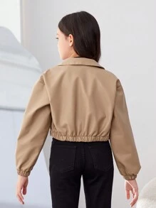 SHEIN 青少女擺蓋口袋pu皮夾克 - 卡其色 - 查看 2