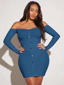 SHEIN SXY 女士露肩纽扣细节紧身连衣裙 - 寶藍色 - 查看 1