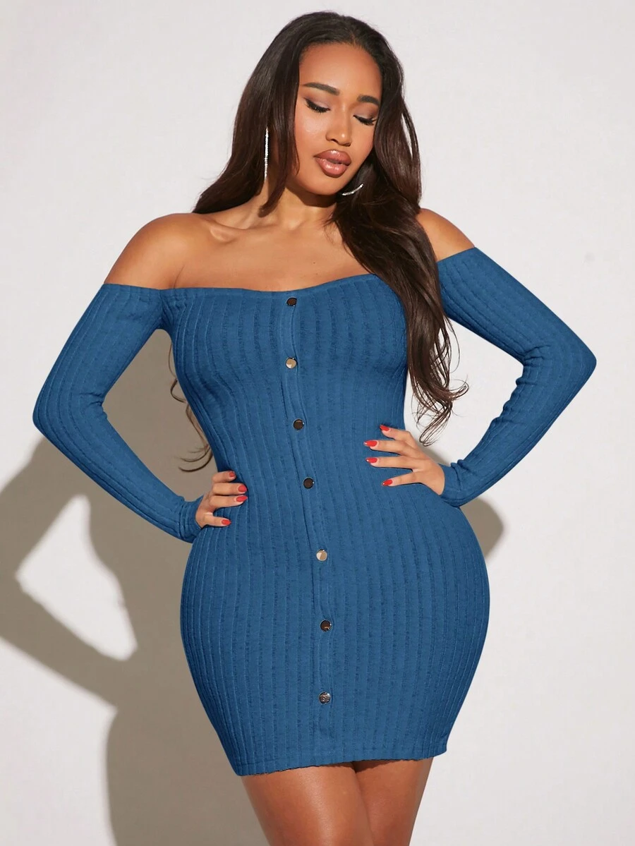 SHEIN SXY 女士露肩纽扣细节紧身连衣裙 - 寶藍色 - 查看 1
