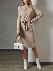 SHEIN Frenchy Cổ giả Vá Túi Viền chia cắt Thắt lưng Đầm Áo len - Màu nâu  Mocha - Xem 6