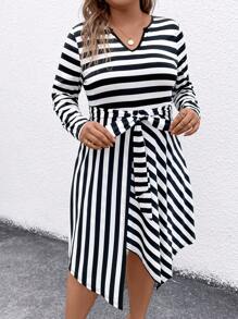 SHEIN LUNE Plus Striped Print Belted Dress - Black and White - View 3