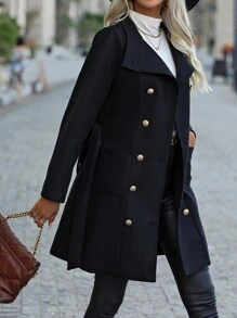 SHEIN Clasi Double Breasted Belted Overcoat - Black - View 6