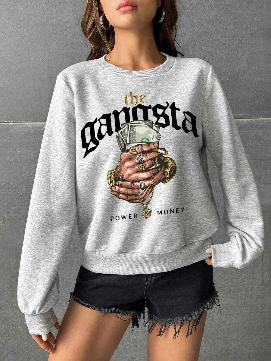 SHEIN Coolane 字母圖案落肩袖運動衫 - 淺灰色 - 查看 1