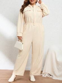 SHEIN Essnce Plus Flap Pocket Drop Shoulder Shirt Jumpsuit - Apricot - View 1