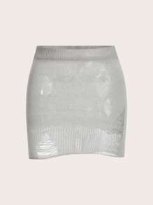 SHEIN ICON Solid Distressed Knit Skirt - Grey - View 1