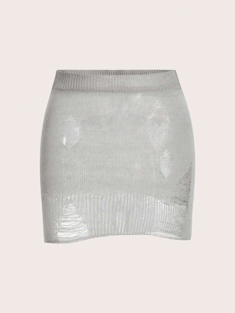 SHEIN ICON Solid Distressed Knit Skirt - Grey - View 1
