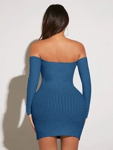 SHEIN SXY 女士露肩纽扣细节紧身连衣裙 - 寶藍色 - 查看 2