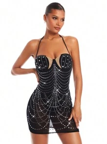 SHEIN BAE Rhinestone-embellished Backless Halterneck Dress - Black - View 2