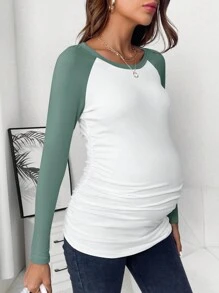 SHEIN 孕婦撞色插肩袖褶邊T恤 - 綠色 - 查看 1