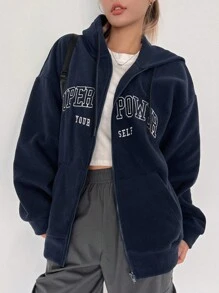 DAZY Women's Autumn/Winter Letter Embroidery Hooded Loose Casual Sweatshirt Jacket Zip Up - Navy Blue - View 3