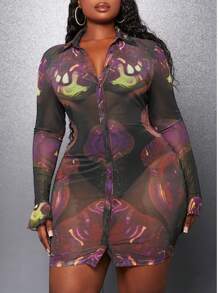 Slaydiva Hơn In Đồ họa Nút phía trước Lưới Váy bodycon - màu đen - Xem 1