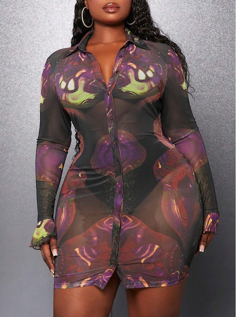 Slaydiva Hơn In Đồ họa Nút phía trước Lưới Váy bodycon - màu đen - Xem 1