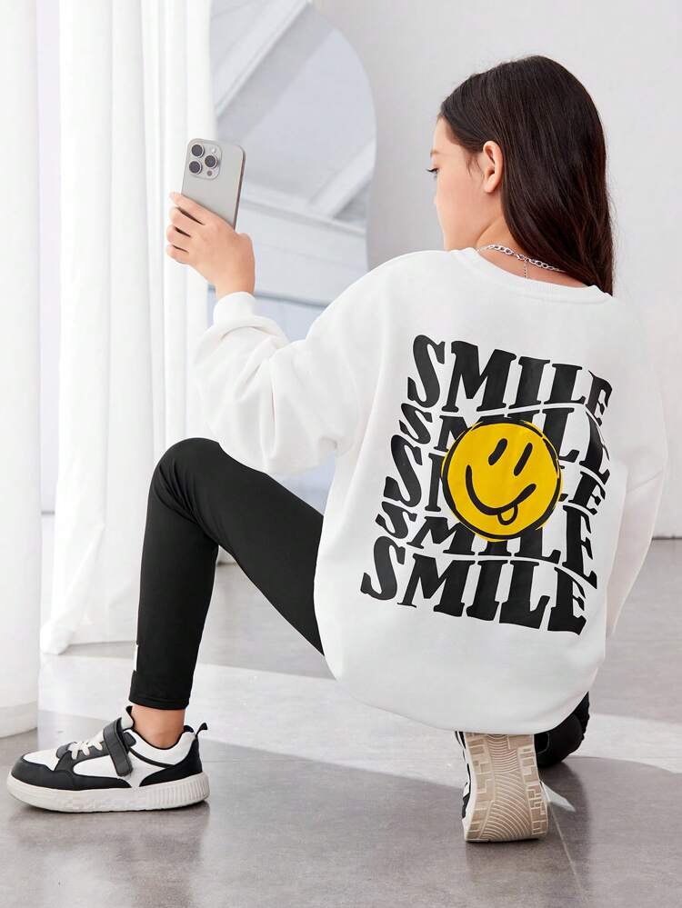 Tween Girl Letter & Cartoon Face Print Drop Shoulder Pullover & Leggings