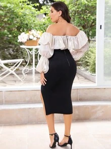 Vestido Con Hombros Descubiertos De Talla Grande Con Volantes, Abertura Y Dos Tonos - Negro - Ver 2