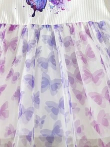 Baby Girl Butterfly Print Ruffle Trim Mesh Hem Dress - White - View 5