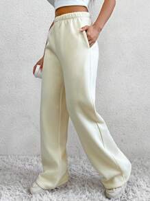 SHEIN Unity Pantalones Anchos Largos Con Piernas Anchas En Color Liso Para Cuerpo - Beis - Ver 4