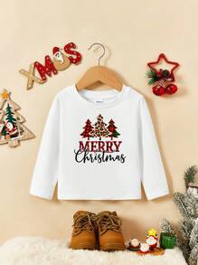 Baby Girl Christmas Tree & Slogan Graphic Tee - White - View 1