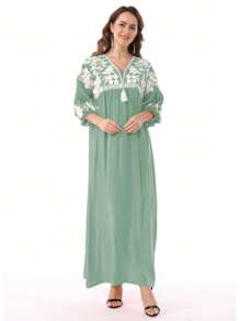 RAMADAN Floral Embroidered Patchwork Tasseled Drop Shoulder Arabian Women Elegant Dress JALABIA 2025 Spring Summer Eid Al Adha,Modest