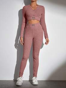 SHEIN Tall Button Front Crop Tee & Leggings - Dusty Pink - View 4