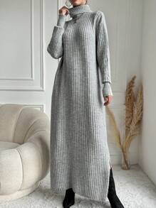 SHEIN Vestido De Suéter De Punto Acanalado Con Cuello Alto Y Hombros Caídos (cinturón No Incluido)