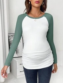 SHEIN 孕婦撞色插肩袖褶邊T恤 - 綠色 - 查看 3