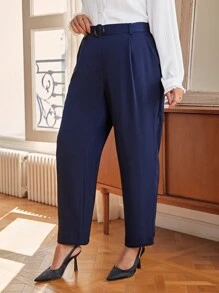 SHEIN Frenchy 大碼腰帶長褲帶褶皺和傾斜口袋 - 藏蓝色 - 查看 1