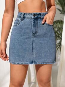 SHEIN Essnce High Waist Denim Skirt - Light Wash - View 3