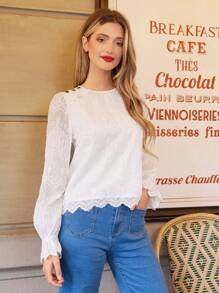 SHEIN Frenchy Women's Lace Flare Sleeve Blouse - White - View 1