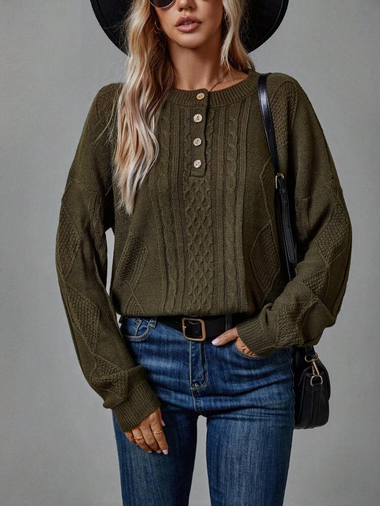 Half Button Cable Knit Drop Shoulder Sweater